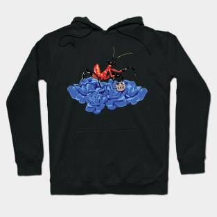 Original Red and Black Ant Praying Mantis on blue-violet rose buds sipping on some Tea. Hoodie
